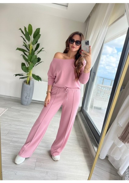 Kadın Uzun Kollu Tek Omuzdan Açık Dalgıç Bluz ve Pantolon Ikili Takım modelleri