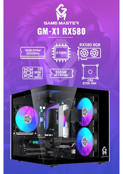 Gm-X1 Intel I3-12100F 16GB Ram 512GB M.2 RX580 8gb 256 Bit Ekran Kartlı Rgb Mini Akvaryum Siyah Gaming Kasa