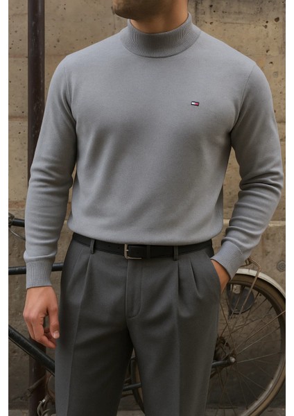 Erkek Kışlık Yarım Boğazlı Dar Basic Gri Kazak