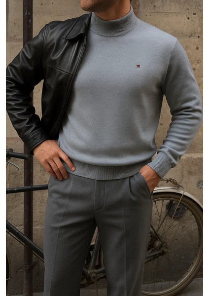 Erkek Kışlık Yarım Boğazlı Dar Basic Gri Kazak fiyatları
