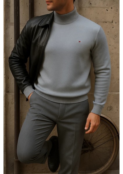 Erkek Kışlık Yarım Boğazlı Dar Basic Gri Kazak fırsatları