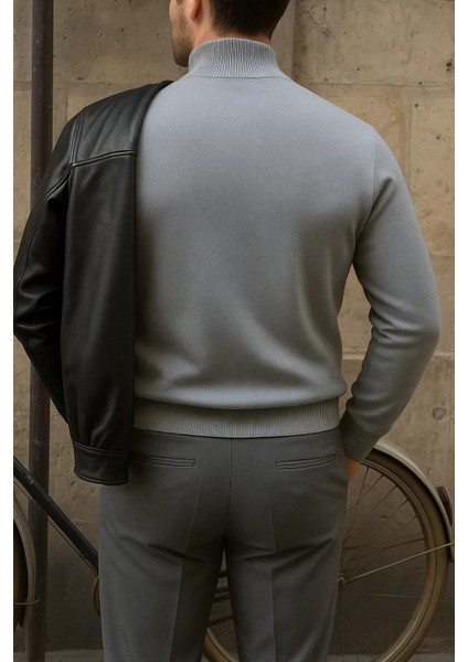 Erkek Kışlık Yarım Boğazlı Dar Basic Gri Kazak