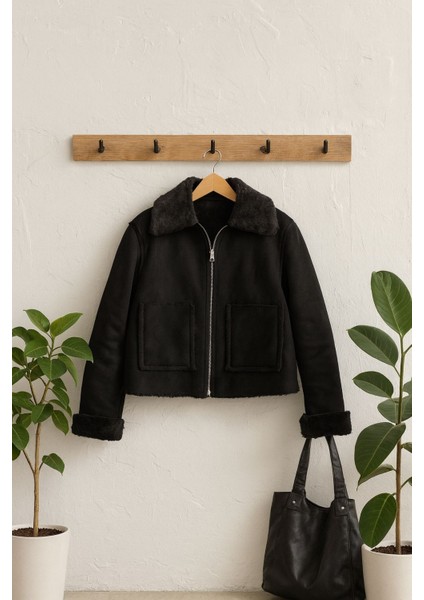 Suni Siyah içi Kürklü Süet Bayan Mont Ceket