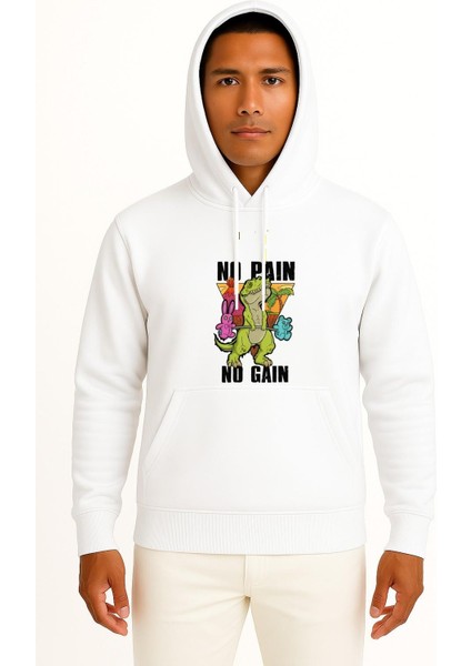 Kapüşonlu No Pain No Gain Dinazor Göğüs Baskılı Unisex Sweatshirt