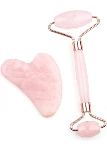 Pembe Kuvars Doğal Taş 2’li Set Face Roller + Gua Sha Masaj Taşı