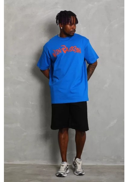 Unisex Oversize Baskılı Bisiklet Yaka T-Shirt - Mavi fırsatları