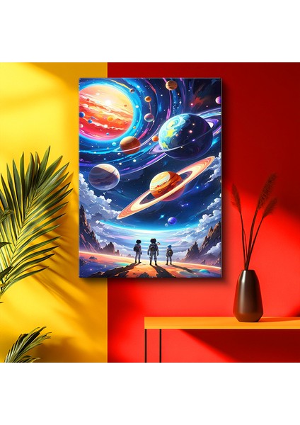 Tekli Dikey Kanvas Tablo Gezegenler Astronotlar Uzay Manzarası Görünüm Uzay Tabloları Ev Ofis Salon Duvar Dekoru