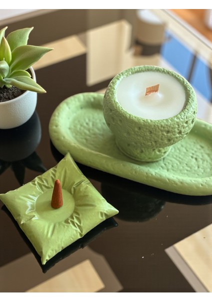 Design El Yapımı Beton Tepsi & Mum Seti – Modern Dekor Ürünü, Hediye Tütsü ve Tütsü Minderi Dahil