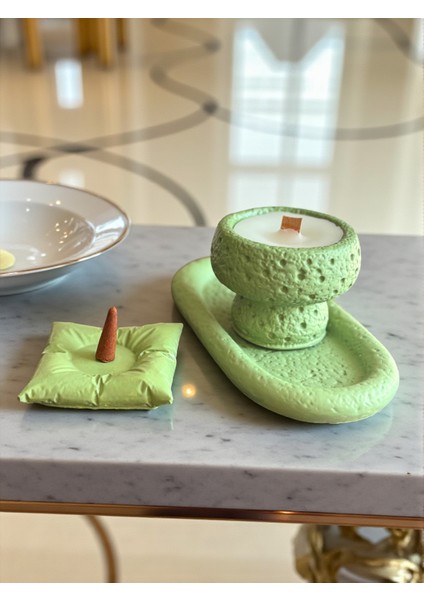 Design El Yapımı Beton Tepsi & Mum Seti – Modern Dekor Ürünü, Hediye Tütsü ve Tütsü Minderi Dahil
