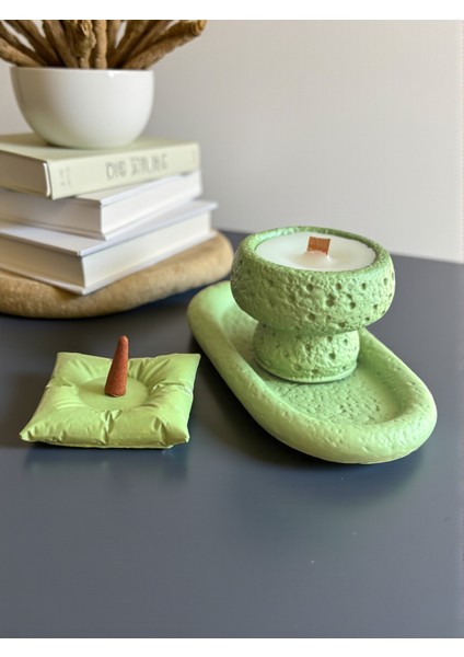 Design El Yapımı Beton Tepsi & Mum Seti – Modern Dekor Ürünü, Hediye Tütsü ve Tütsü Minderi Dahil