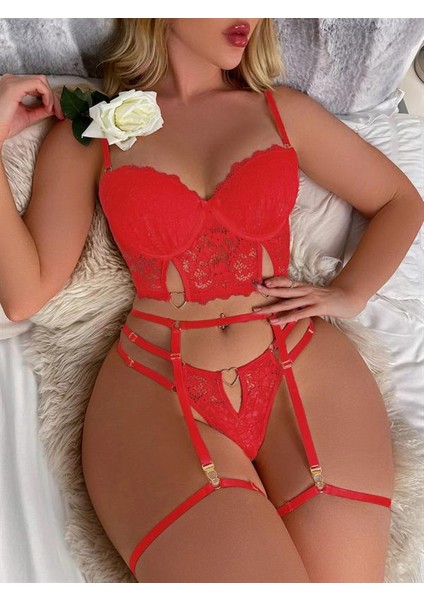 Özel Tasarım Kırmızı Dantellı Jartıyer Fantezı Seksı Büstıyer Takımı indirimleri