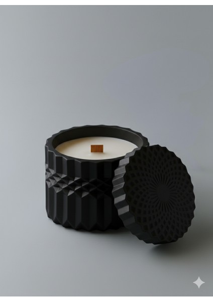 Kapaklı Siyah Geometrik Tasarım El Yapımı Soya Mumu (Ahşap Fitilli) | 9 x 8,5 cm fiyatları