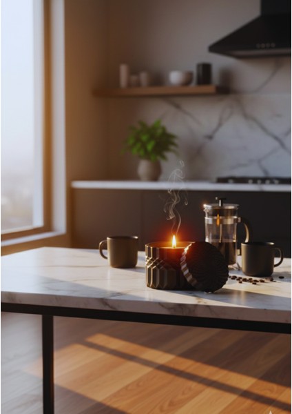 Kapaklı Siyah Geometrik Tasarım El Yapımı Soya Mumu (Ahşap Fitilli) | 9 x 8,5 cm modelleri