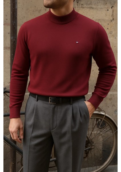 Erkek Kışlık Yarım Boğazlı Dar Basic Bordo Kazak