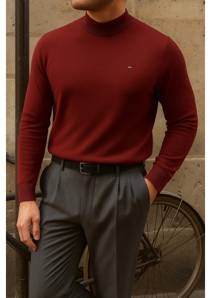 Erkek Kışlık Yarım Boğazlı Dar Basic Bordo Kazak modelleri