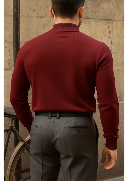 Erkek Kışlık Yarım Boğazlı Dar Basic Bordo Kazak