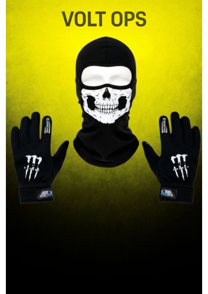 Tactical Skull 2’li Kışlık Motosiklet Eldiveni L-XL ve Balaklava Maske Seti Rüzgar Geçirez Kaymaz