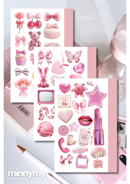 3'lü Pink Collection Sticker, Çıkartma, Ajanda, Günlük, Planlayıcı, Bullet Journal ,scrapbook