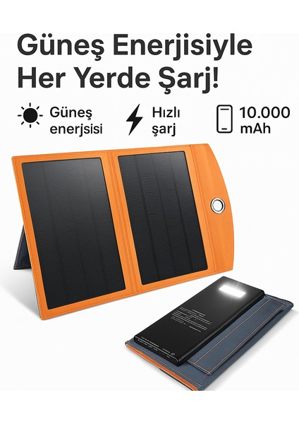 10W Katlanabilir Güneş Enerjili Powerbank – Hızlı Şarj, 10.000 Mah, Kamp ve Seyahat Için Ideal
