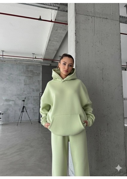 3 Iplik Şardonlu Kapşonlu Sweatshirt Mint P510436