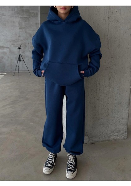 3 Iplik Şardonlu Kapşonlu Sweatshirt Lacivert P510436