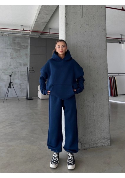 3 Iplik Şardonlu Kapşonlu Sweatshirt Lacivert P510436 fiyatları