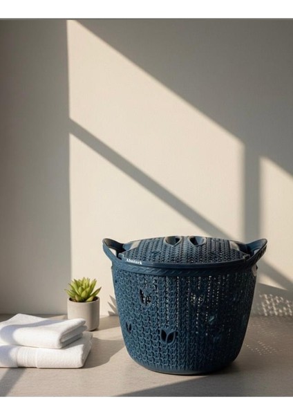 Örgü Desenli Koyu Mavi Kapakli 12 Litre Meyve Sebze Sepeti Patates Sogan Cok Amacli Hasir Örgü Kova