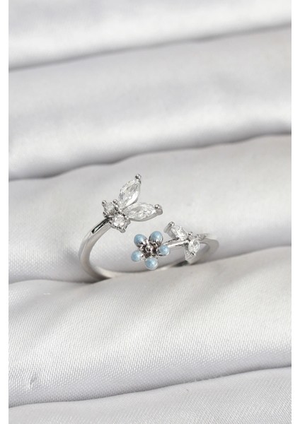 Pirinç Gümüş Renk Kelebek Model Kadın Yüzük