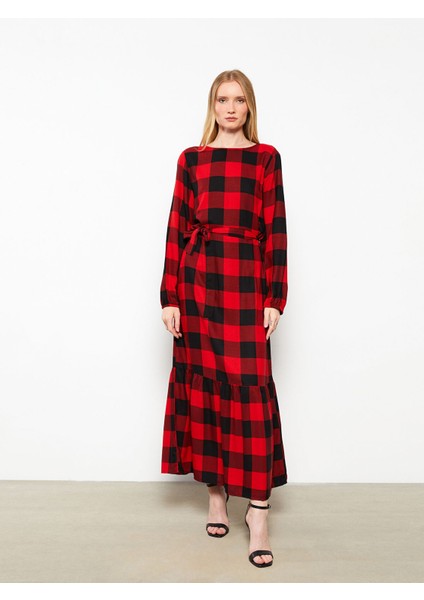 Yeni Sezon Bisiklet Yaka Ekose Uzun Kollu Gabardin Kadın Gömlek Elbise