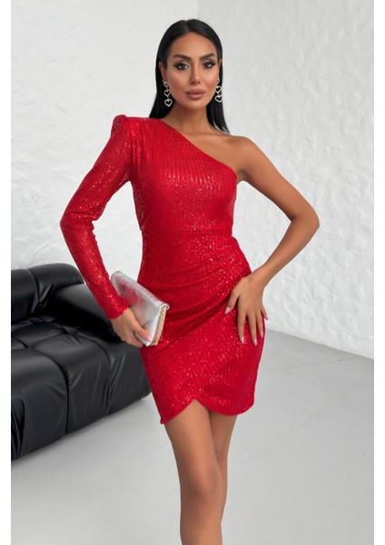 Tek Omuz Tek Kol Tasarım Payet Işlemeli Kadın Mini Abiye Elbise 007