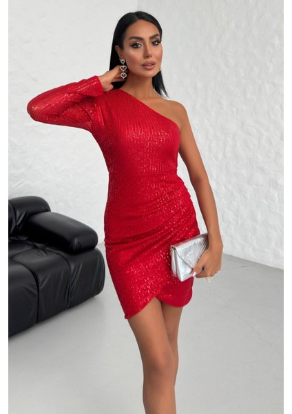 Tek Omuz Tek Kol Tasarım Payet Işlemeli Kadın Mini Abiye Elbise 007 fiyatları