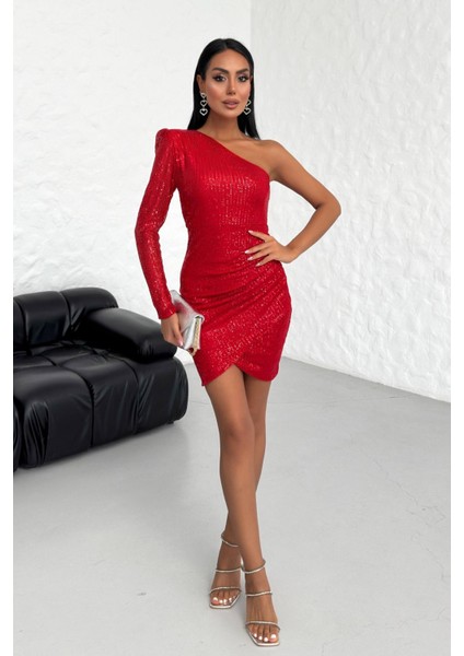 Tek Omuz Tek Kol Tasarım Payet Işlemeli Kadın Mini Abiye Elbise 007 indirimleri