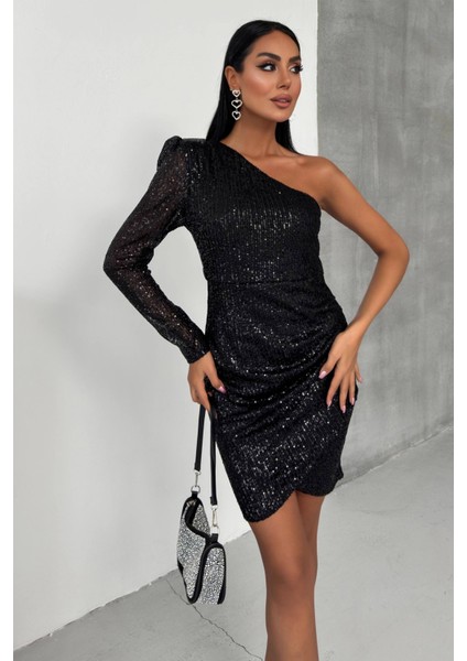 Tek Omuz Tek Kol Tasarım Payet Işlemeli Kadın Mini Abiye Elbise 007