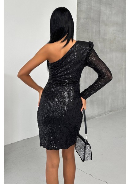 Tek Omuz Tek Kol Tasarım Payet Işlemeli Kadın Mini Abiye Elbise 007 fırsatları