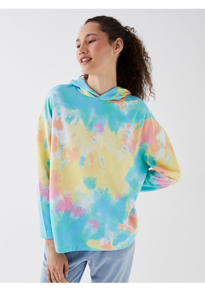 Yeni Sezon Kapüşonlu Desenli Uzun Kollu Oversize Kadın Pijama Üstü