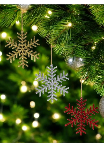 Yılbaşı Ağacı Süsleri Simli Kar Tanesi Şekilli Asılabilir Ağaç Süsü Renkli 3'lü Karışık