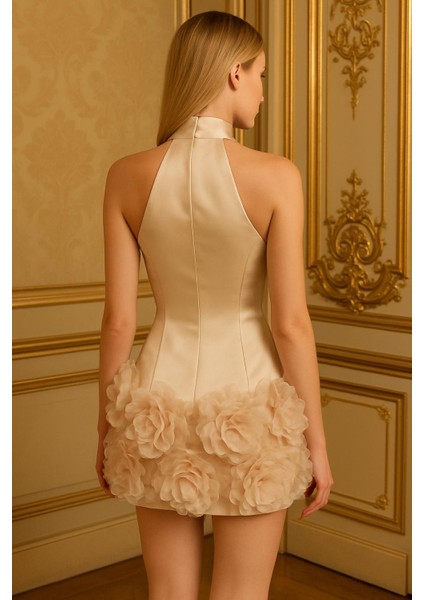 Kadın Bej Saten Çiçekli Etek Tasarımlı Abiye Yılbaşı Elbise modelleri