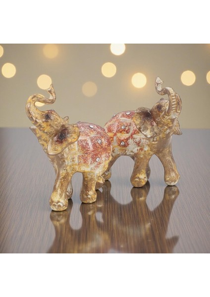 Lüks Işlemeli Taşlı Feng Shui 2’li Fil Biblo Seti 9 cm Dekoratif Obje Ev Ofis Hediyelik Süs Eşya