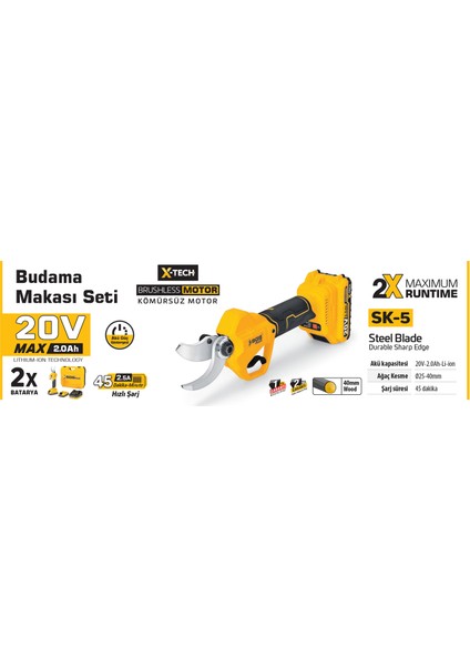 Akülü Bağ Budama Makası 20V 2*2.0 Ah (Kömürsüz Motor)