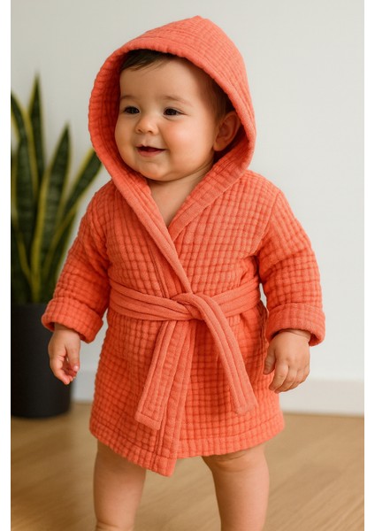 4 Katlı %100 Pamuk Turuncu Renk Müslin Bebek Bornozu modelleri