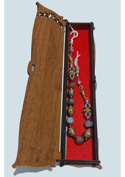 Usta Işi Pirinç Işlemeli ve Doğal Taşlı Zamak Zaza Tesbih - Özel Tasarım Akik Taşı