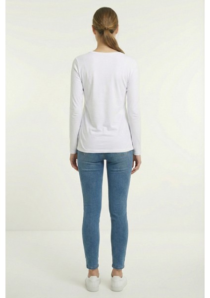 Kadın Uzun Kollu Bisiklet Yaka Tişört Beyaz fırsatları