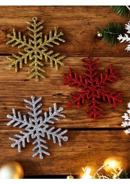 Yılbaşı Ağacı Süsleri Simli Kar Tanesi Şekilli Asılabilir Ağaç Süsü Renkli 3'lü Karışık