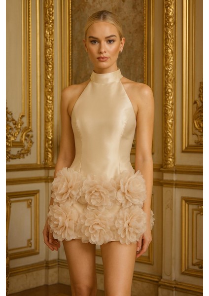 Kadın Bej Saten Çiçekli Etek Tasarımlı Abiye Yılbaşı Elbise