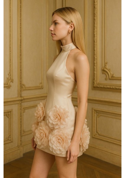 Kadın Bej Saten Çiçekli Etek Tasarımlı Abiye Yılbaşı Elbise fiyatları