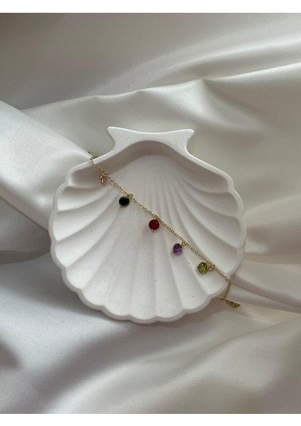 14K Zincir Renkli Yuvarlak Renk Detaylı Taşlı Bileklik