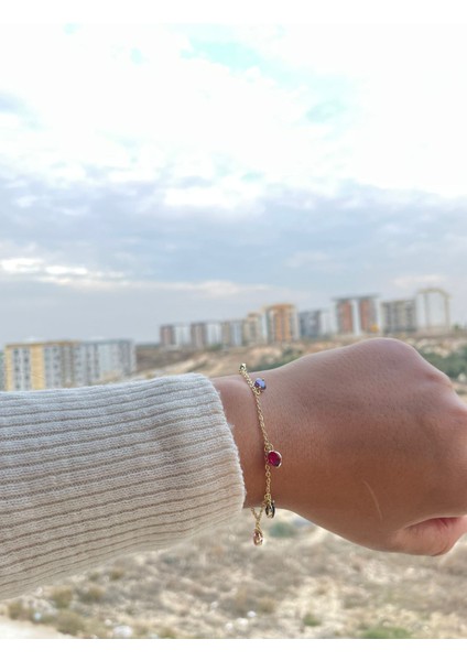 14K Zincir Renkli Yuvarlak Renk Detaylı Taşlı Bileklik fiyatları