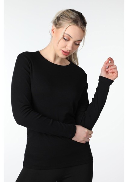 Kadın Uzun Kollu Bisiklet Yaka Tişört Siyah indirimleri