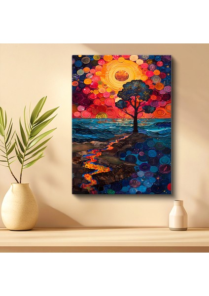 Tekli Dikey Kanvas Tablo Ağaç Deniz Kenarı Gün Batımı Noktalı Stil Manzara Tabloları Ev Ofis Salon Duvar Dekoru