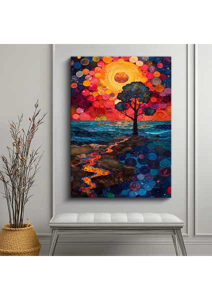 Tekli Dikey Kanvas Tablo Ağaç Deniz Kenarı Gün Batımı Noktalı Stil Manzara Tabloları Ev Ofis Salon Duvar Dekoru fiyatları